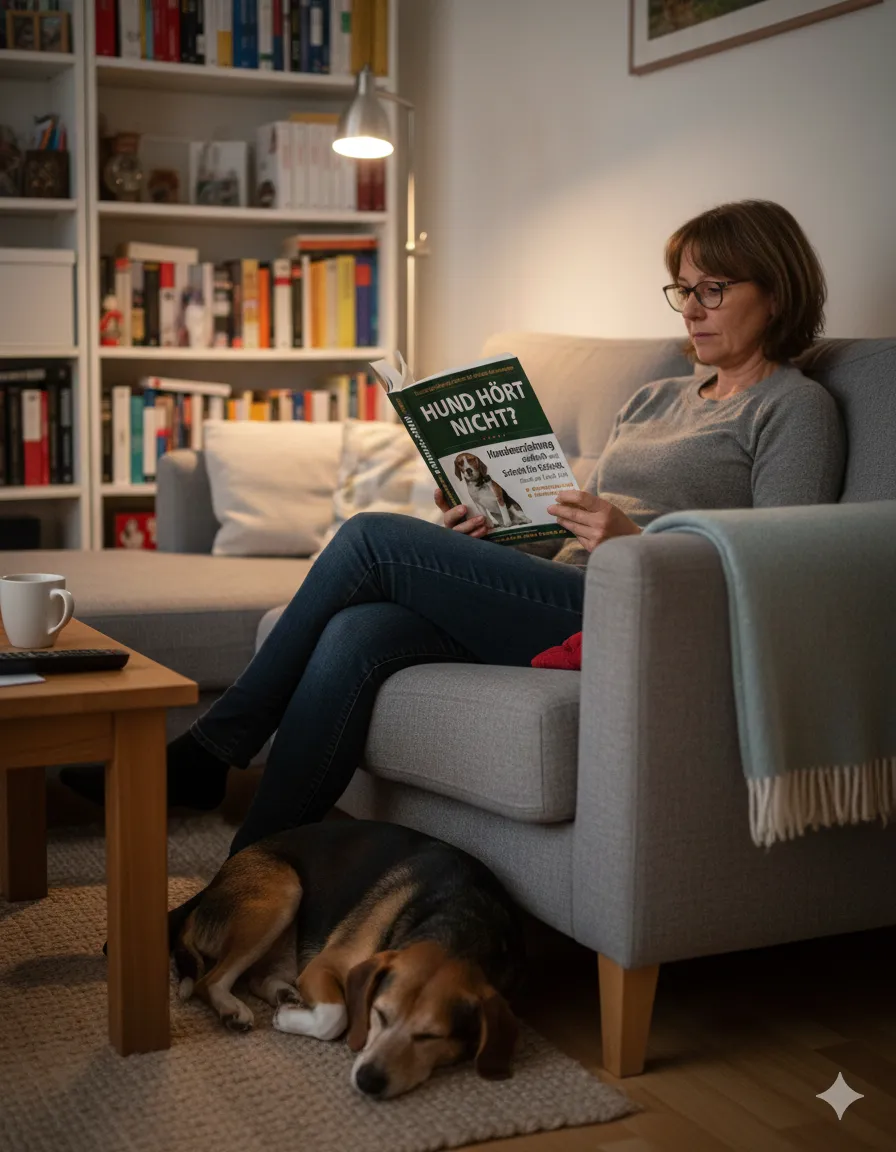 Frau liest das Buch während ihr Hund entspannt daneben liegt
